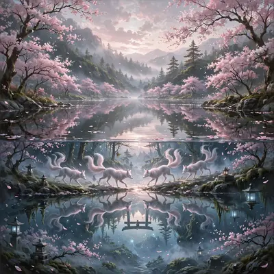 A lake so still it shows the spirit world beneath its surface, fox-spirits walking inverted, cherry petals on both sides, fantasy painting