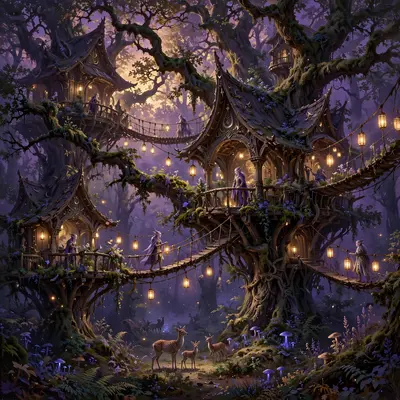 Treehouse enclave of twilight elves in a violet dusk forest, lantern bridges between ancient oaks, deer below, elegant fantasy painting, purple-gold