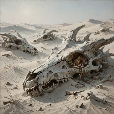 Wind-scoured dunes of bone-white sand around half-buried dragon skulls, a scavenger's camp in one eye socket, melancholic fantasy painting, bleached