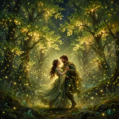 A grove where every leaf glows and fireflies outnumber stars, a couple dancing in the light, romantic fantasy painting, warm green-gold glow, tender