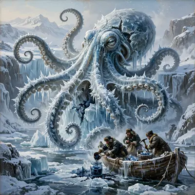A kraken frozen mid-breach in an arctic bay, tentacles of ice, sailors harvesting frost-ink, surreal fantasy painting, pale polar light, frozen