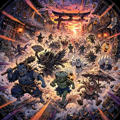 a yokai parade marching through thick fog rendered in classic 90s anime OVA style, frozen mid-action with bold motion lines and flying debris. Vivid