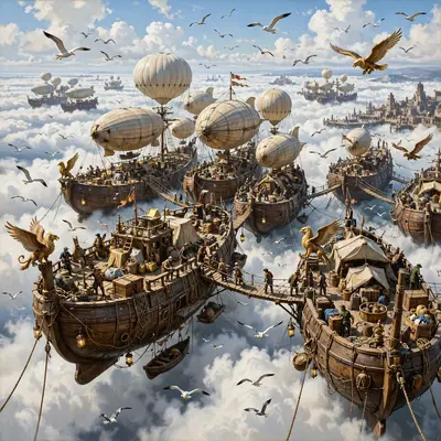 A harbor of moored airships floating on a cloud sea, gangplanks between hulls, gulls and griffins, adventurous fantasy painting, bright midday sky