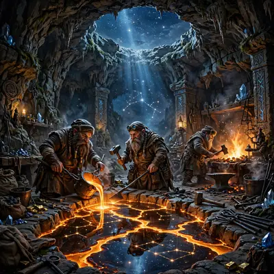 Dwarven smiths working under a cavern skylight open to the stars, molten metal mirroring constellations, fantasy interior painting, cool starlight