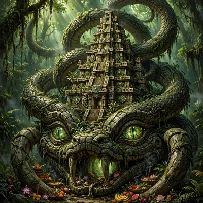 A temple wrapped in a stone serpent's coils, its jeweled eyes the windows, vines and offerings at its fangs, fantasy architecture painting