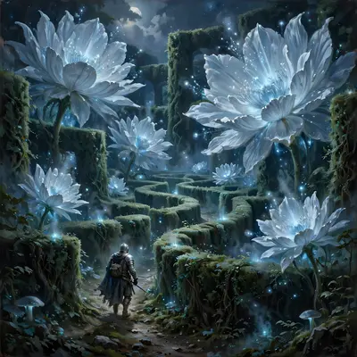 A hedge maze of giant moonpetals that only bloom at night, a lost knight following their glow, fantasy painting, silver-blue luminescence, dreamy