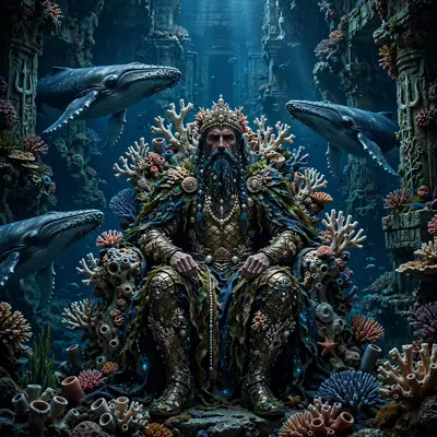 A throne of living coral in a deep trench palace, the sea-king crowned in pearls, whale-guards circling, regal underwater fantasy, deep blue