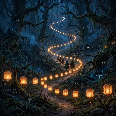 A trail of paper lanterns winding through a dark wispwood, guiding travelers past watching eyes, cozy-dark fantasy painting, warm lantern glow in