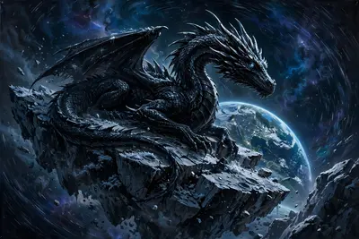 An obsidian dragon perched on a shattered moon fragment, earthrise behind, stars wheeling, cosmic fantasy painting, cold starlight on black scales