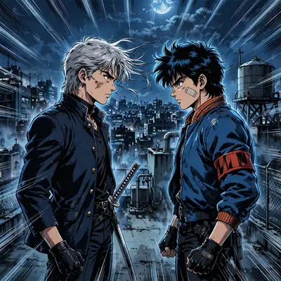 Dynamic anime key visual of a rival duo locked in a rooftop faceoff, drawn in retro 80s anime aesthetic. Moonlit blue rim light washes the scene