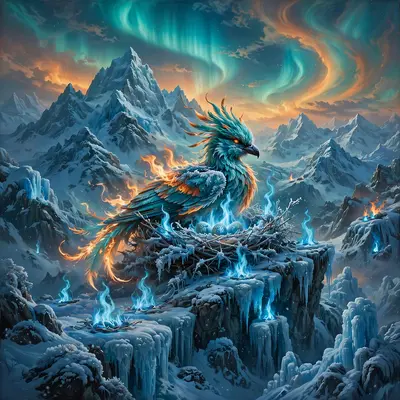 Peaks where blue flame burns on ice under aurora, a firebird nesting in the cold fire, surreal fantasy painting, impossible teal-orange light