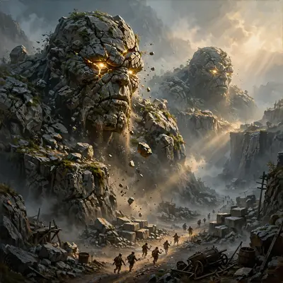 Stone golems awakening in a misty quarry, quarrymen fleeing tiny below, first light cracking their lids, epic fantasy painting, dusty dawn beams