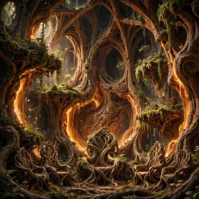 The hollow heart of a world-tree, sap glowing like blood-light, root thrones and hanging gardens, sacred fantasy interior, warm amber pulse, living