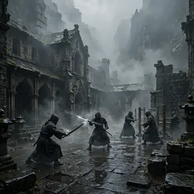 A monastery hidden in perpetual mist, silent monks training on wet stone, blades flashing, dark elegant fantasy, diffused gray light, disciplined