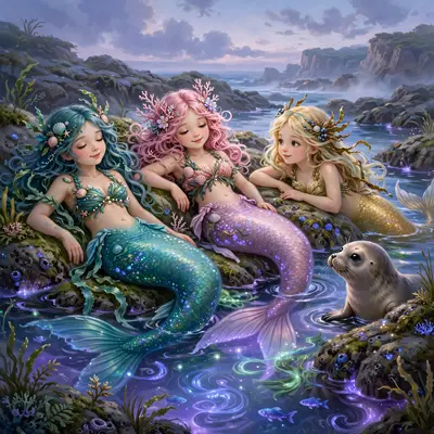 Mermaids lounging in glowing tidepools at dusk, bioluminescent algae, a curious seal, gentle fantasy painting, soft violet waterlight, playful