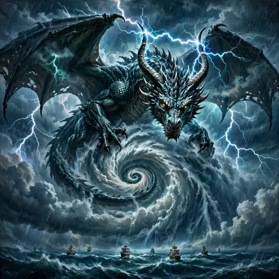 A storm dragon riding a hurricane's eye, lightning arcing between its horns, tiny ships below, epic fantasy painting, electric fury light, untamed
