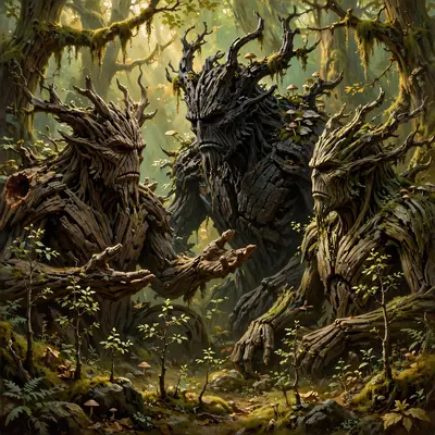 Ancient ironwood treants debating in a grove, bark faces stern, saplings listening, wise fantasy painting, mossy green-gold light, slow council mood