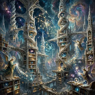 Impossible spires holding the universe's records, star-maps projected between towers, archivist angels sorting light, cosmic fantasy painting, nebula