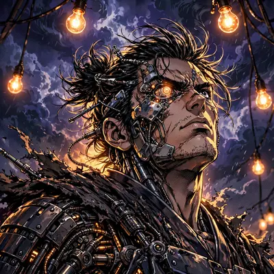 manga-inspired anime style with screentone accents illustration of a cybernetic ronin under flickering neon signs, posed heroically against a
