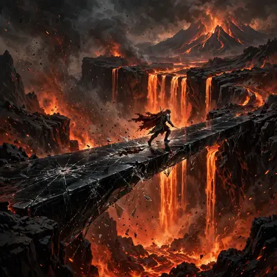 A bridge of black glass spanning a waterfall of lava, a hero crossing as it cracks, embers rising, epic fantasy painting, hellish backlight
