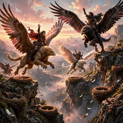 Griffins launching from cliff aeries at dawn, wings catching first light, riders waving, adventurous fantasy painting, rose-gold sunrise