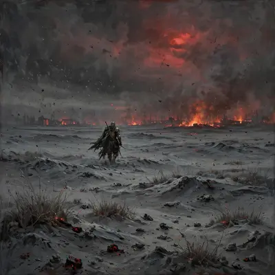 Plains of gray ash under a dim red sun, a lone knight crossing toward distant fire, sparse ember grass, bleak fantasy painting, choked crimson light