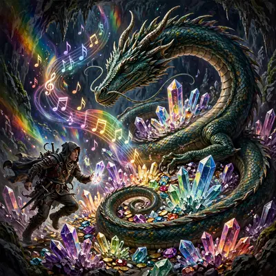 A dragon curled around a hoard of singing crystals, each note visible as color, a thief frozen mid-step, fantasy painting, prismatic crystal light
