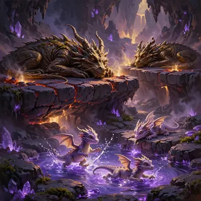 A dragon sanctum in eternal twilight, ancient elders dozing on heated volcanic stone while hatchlings tumble and play in pools of violet light