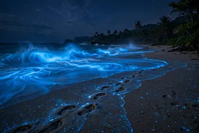 Bioluminescent waves glowing electric blue as they crash on a dark tropical beach at night, footprints trailing through sparkling sand. Dreamy night