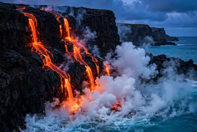 Molten lava flowing down black volcanic cliffs and exploding into steam where it meets turquoise ocean water in Hawaii. Dramatic nature photography
