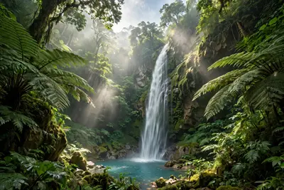A towering waterfall plunging into a turquoise jungle pool, sunlight shafts cutting through mist and giant ferns. Lush tropical photography, dappled