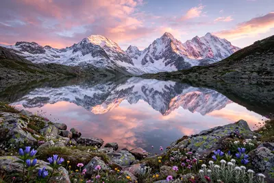 A flawless alpine lake mirroring snow-capped peaks and a pastel sunrise sky, wildflowers dotting the rocky shore. Classic landscape photography, soft