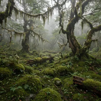An ancient temperate rainforest carpeted in glowing green moss, twisted trees draped with hanging lichen, fog drifting between trunks. Ethereal