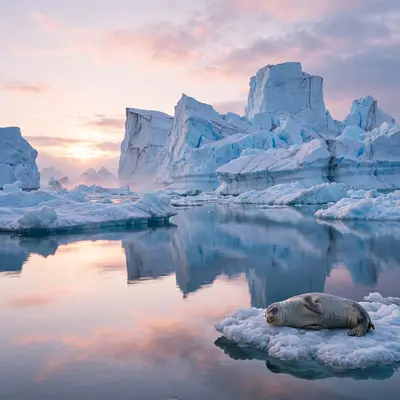 Towering blue-white icebergs floating in still Arctic water under a pale pink polar sky, a seal resting on a nearby floe. Polar landscape