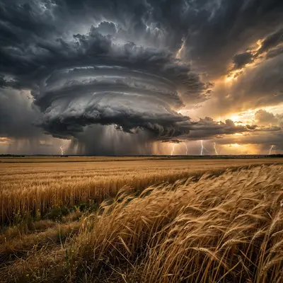 A massive supercell thunderstorm with a rotating mesocyclone looming over golden wheat fields, lightning forking to the horizon. Extreme weather