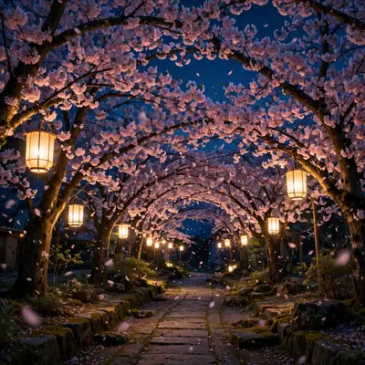 A tunnel of illuminated cherry blossom trees in Kyoto at night, petals drifting through lantern light over a stone path. Night garden photography