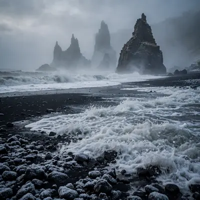Waves foaming over Iceland's black sand beach, basalt sea stacks rising through sea mist, a dusting of snow on volcanic pebbles. Moody coastal