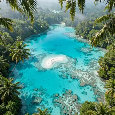 A secluded tropical lagoon with impossibly turquoise water, overhanging palms and a tiny white sandbar, seen from above. Aerial travel photography