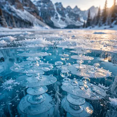 Methane bubbles frozen in layers of crystal-clear blue ice on a Canadian mountain lake, snow-dusted peaks behind. Macro landscape photography, low