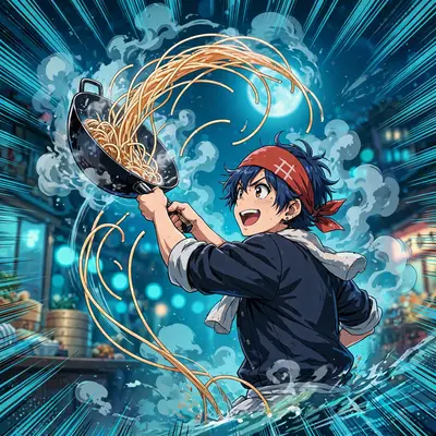 High-energy anime poster art of a ramen chef flipping noodles through steam, rendered in studio-quality TV anime style with explosive impact frames