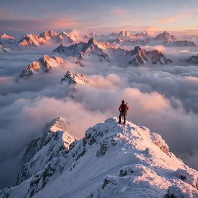A lone climber standing on a snowy summit above a sea of clouds, distant peaks piercing through like islands at sunrise. Mountaineering photography