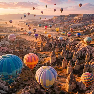 Dozens of colorful hot air balloons drifting over Cappadocia's fairy chimneys at sunrise, valleys glowing apricot below. Aerial travel photography