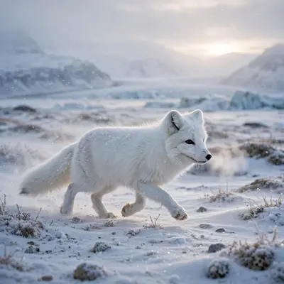 A white arctic fox trotting across windswept tundra under pale winter sun, breath puffing in the freezing air, distant glaciers. Wildlife landscape