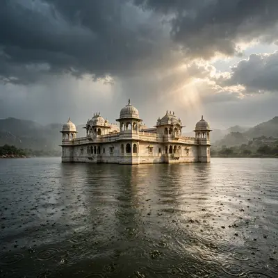 A marble palace rising from a rain-pocked lake in Rajasthan during monsoon, dark storm clouds parting for a shaft of sun. Atmospheric travel