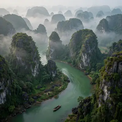 Limestone karst towers draped in jungle rising from a jade-green river bend in Vietnam, a wooden boat drifting below. Scenic landscape photography