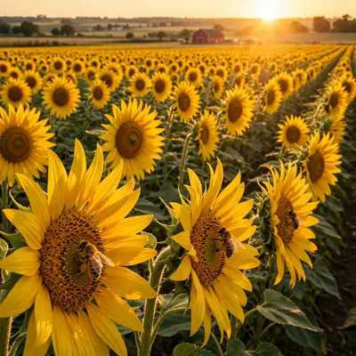 A vast field of sunflowers all turned toward a low summer sun, honeybees dusted with pollen, a red barn on the horizon. Cheerful rural photography
