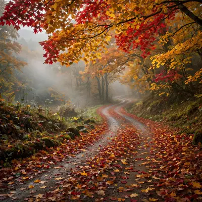 A winding country road carpeted with fallen maple leaves, blazing red and gold canopy overhead, morning mist in the hollows. Fall landscape