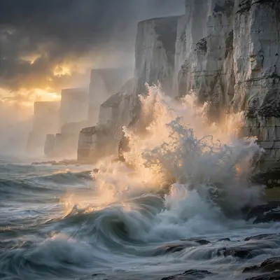 Giant waves exploding against towering white chalk cliffs in a winter storm, spray catching the last amber light. Dramatic seascape photography