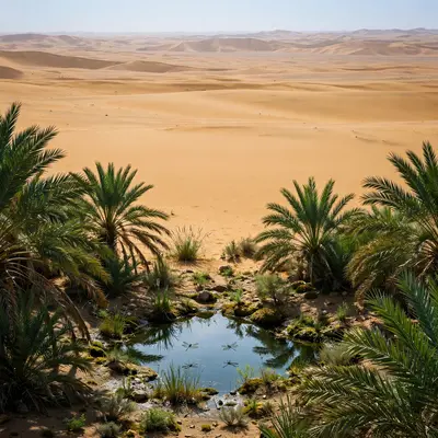A hidden desert oasis with a spring-fed pool ringed by date palms, dragonflies hovering over still water, dunes beyond. Oasis photography, harsh