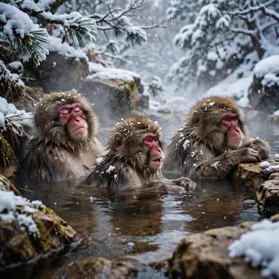 Japanese macaques lounging in a steaming natural hot spring surrounded by snow-laden pines, snowflakes melting on wet fur. Wildlife photography, soft